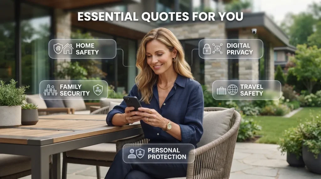 A beautiful European woman typing Securely Life Quotes on her phone, featuring five essential safety categories: Home, Digital, Family, Travel, and Personal safety.