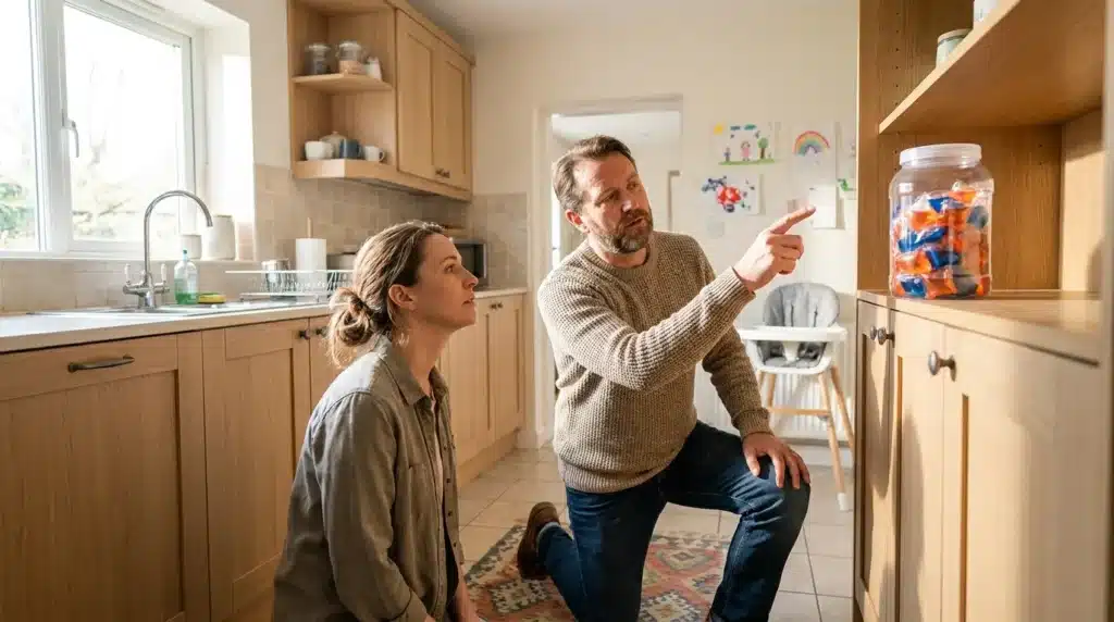 An alert European father pointing at colorful laundry detergent capsules on a high kitchen shelf as prime examples of common household poison hazards to hide from kids.