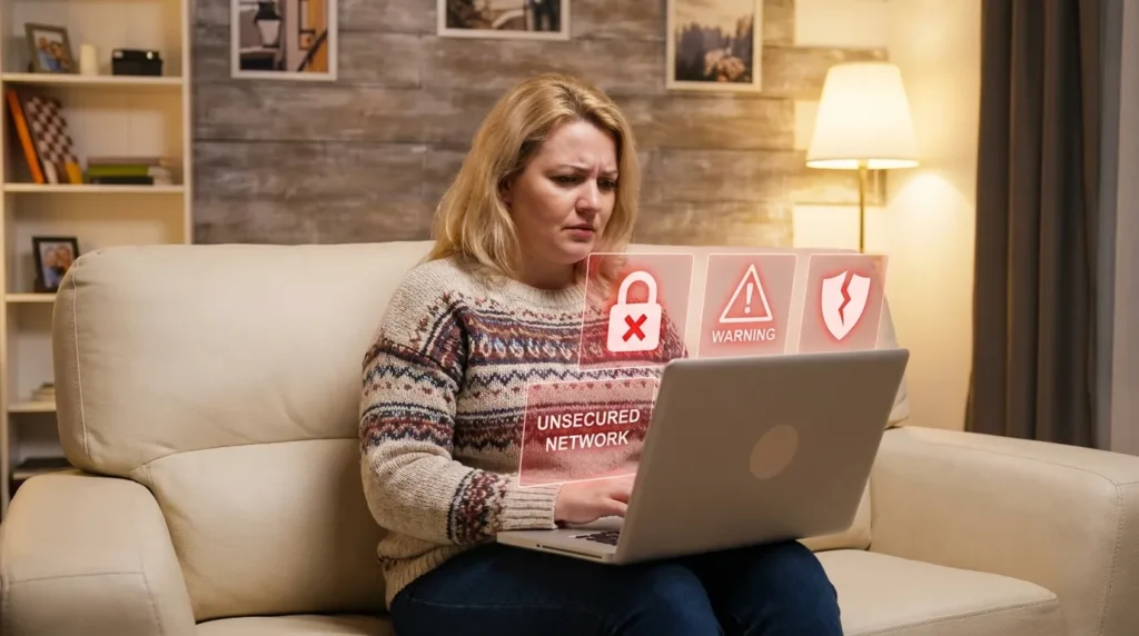 A curvy European woman looking at security warnings on her laptop, representing the fatal errors that lead to unauthorized webcam access.
