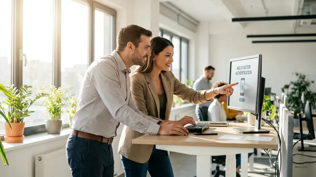 Office employees setting up multi-factor authentication as one of the simple ways to protect your business from cyber attacks.