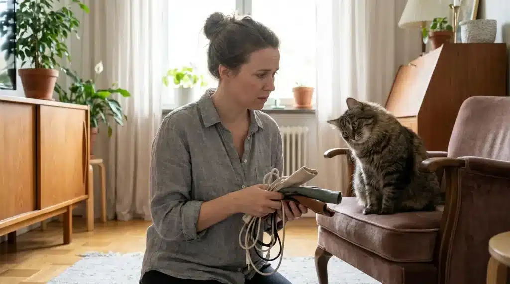 A proactive pet owner carefully organizing electrical cords to ensure pet safety at home and prevent household accidents.