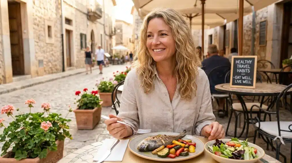 A happy traveler enjoying a hot and freshly cooked meal at a clean outdoor cafe to maintain healthy travel eating habits.