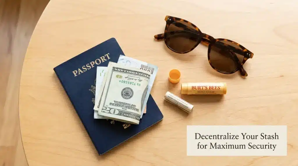 A collection of hidden money spots for travelers including decoy items like lip balm tubes and secret pockets.