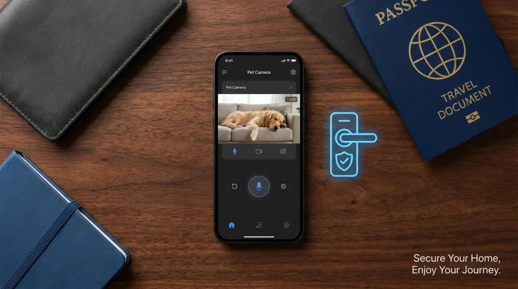 A smartphone showing home security monitoring next to travel essentials, symbolizing the protection of digital and physical assets.