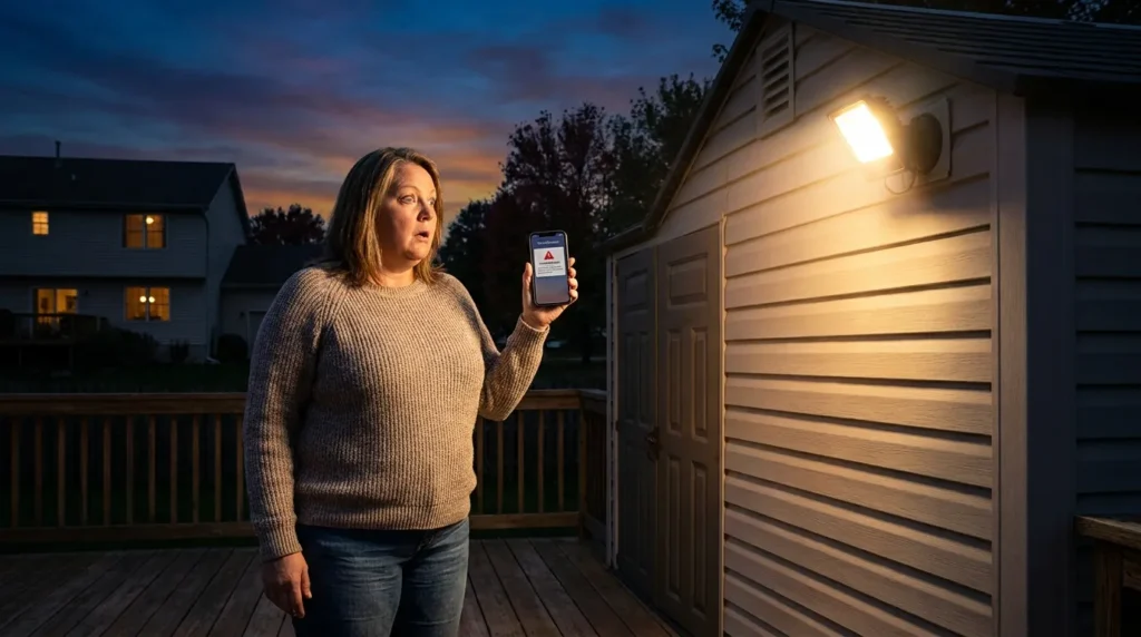 A relatable American woman identifying a common lighting mistake in her yard while researching if do motion sensor lights deter burglars when shadows are present.