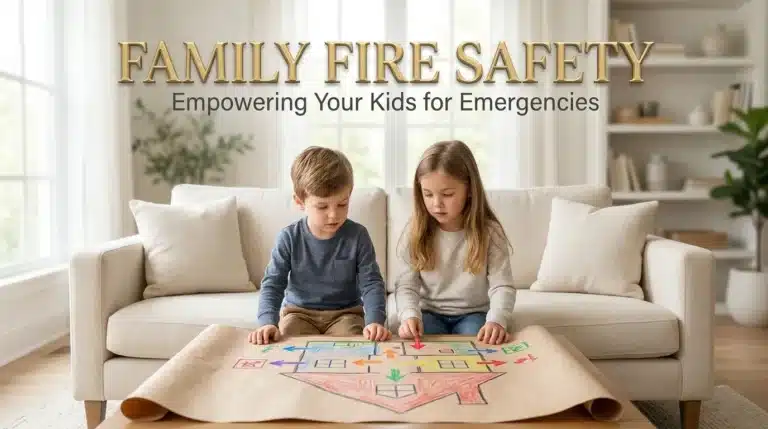 Two young children sitting in a living room and studying a home fire escape plan together.