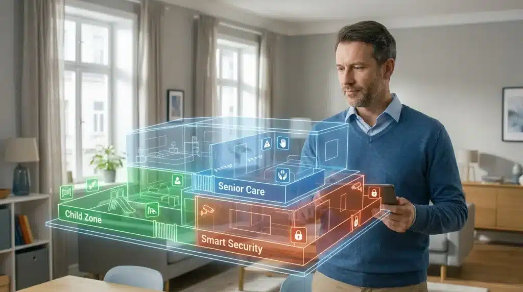 A detailed infographic of a multi-layered home security blueprint used as a personal safety guide to identify household vulnerabilities.