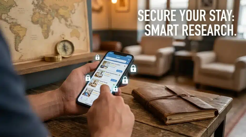 A traveler researching hostel security reviews on a smartphone to ensure a safe stay for their digital nomad gear.