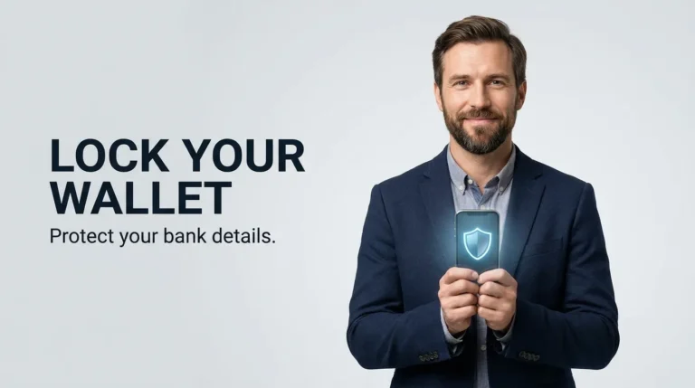 A professional man holding a smartphone with a security shield on the screen, illustrating how to keep your digital wallet secure.