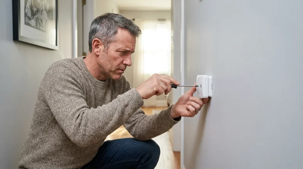 A man installing a certified carbon monoxide alarm in a hallway to ensure gas leak and carbon monoxide safety at home.
