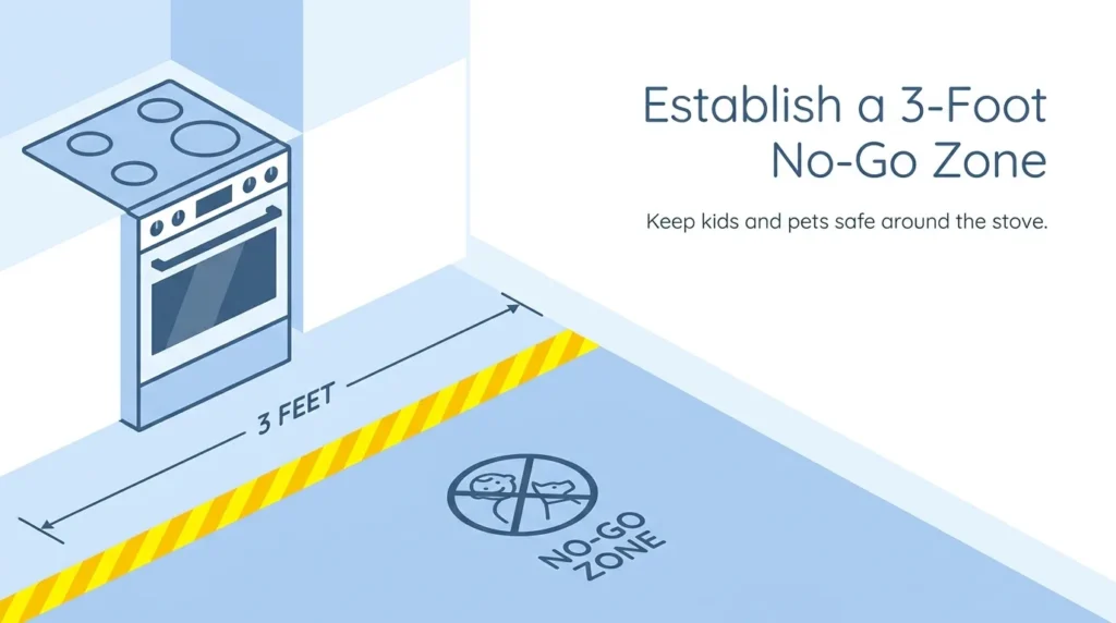 A minimalist infographic illustrating a 3-foot safety boundary around the stove area to keep toddlers away from heat.