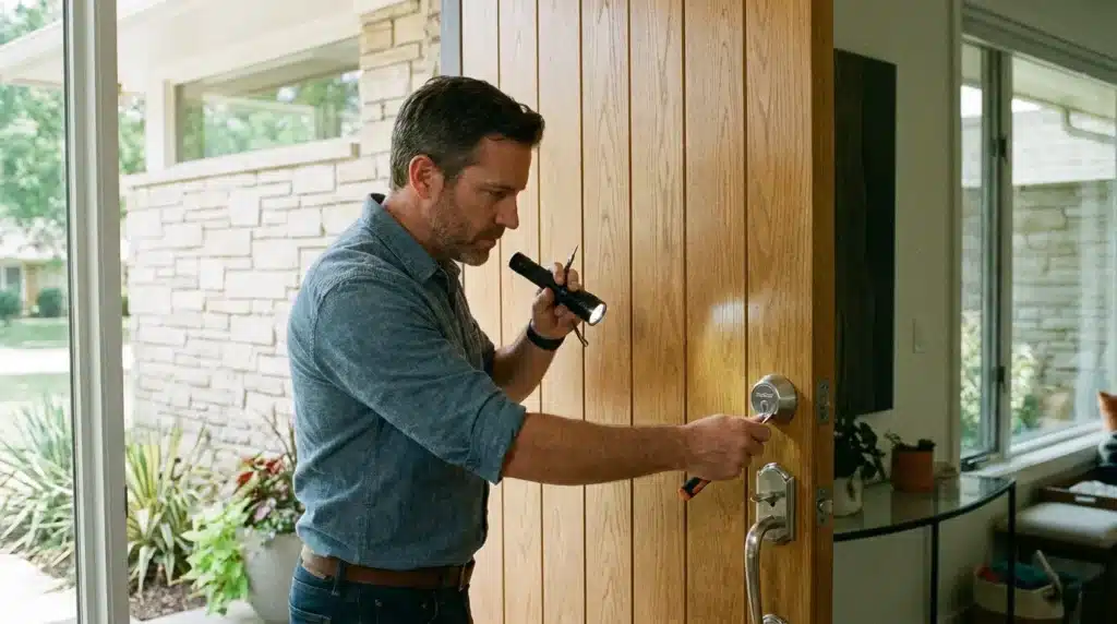 A homeowner inspecting a heavy-duty door lock as part of a comprehensive home security guide for total residential fortification.