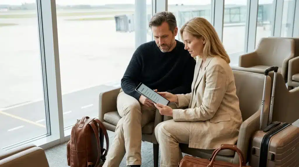 A European couple reviewing a digital security roadmap on a tablet to ensure their persona safety guide is followed.