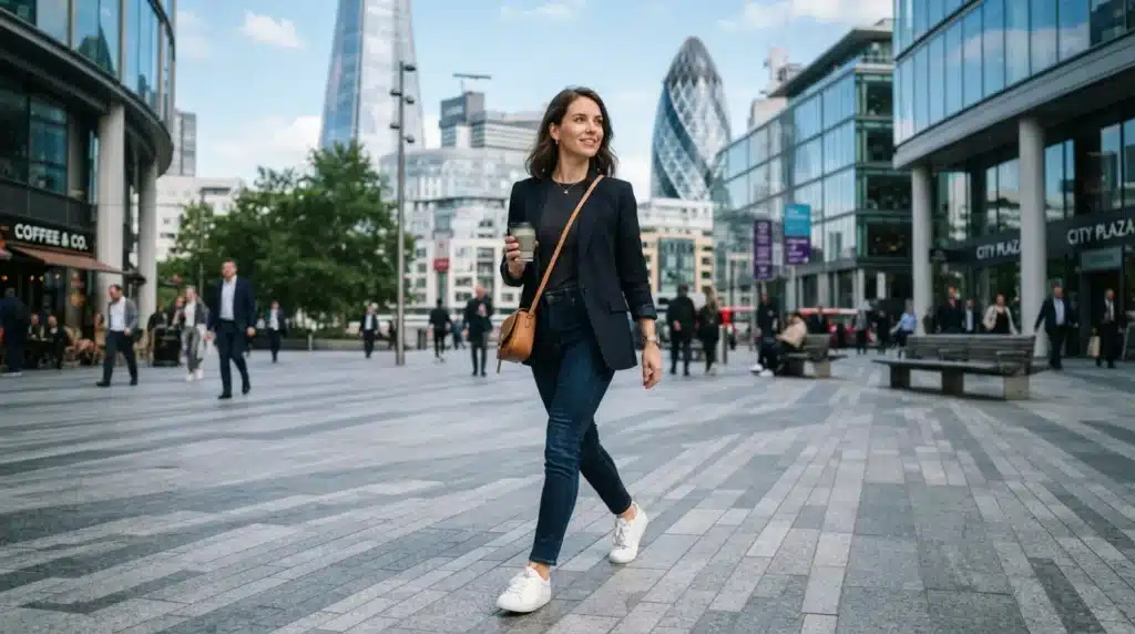 An alert woman practicing situational awareness as part of safety tips for women walking alone in a big city.