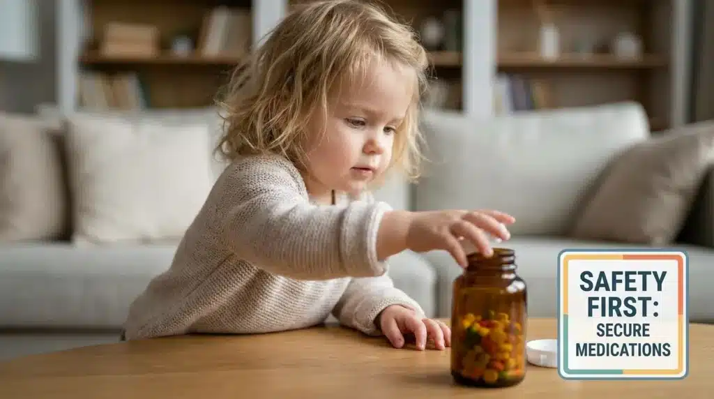 A young child looking at an unsecured pill bottle on a table, highlighting common medication safety pitfalls.