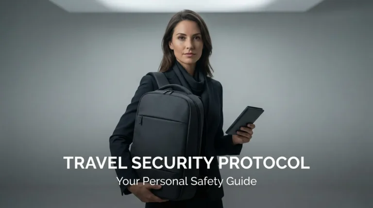 A professional American traveler holding secure gear, illustrating a persona safety guide for global trips.