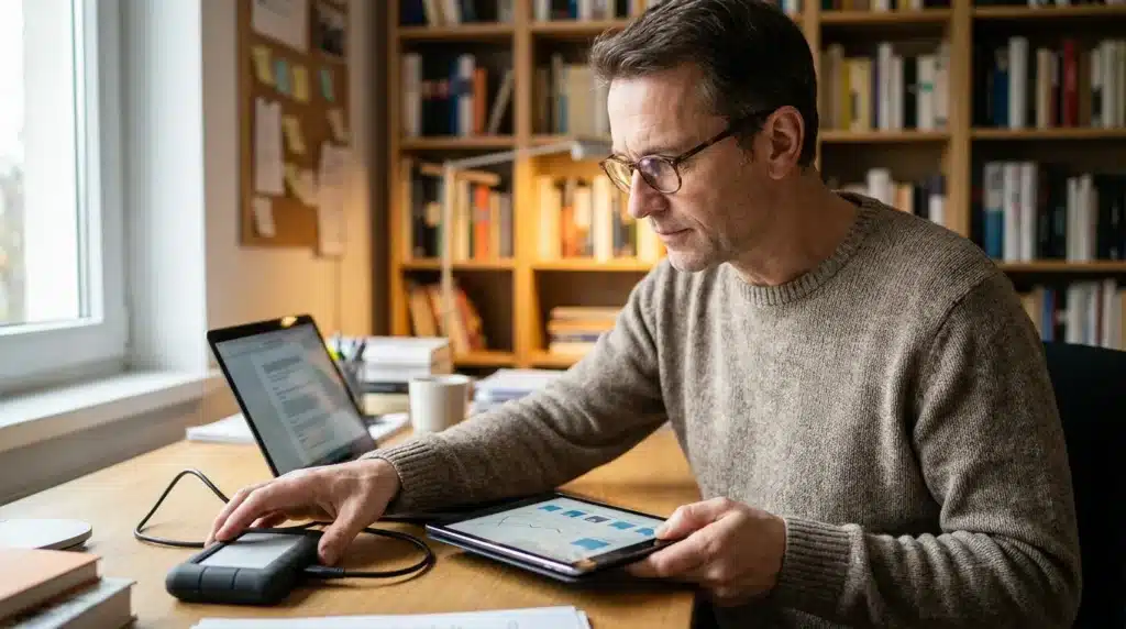 A focused man organizing digital files and external drives to build his personal digital fortress for data protection.
