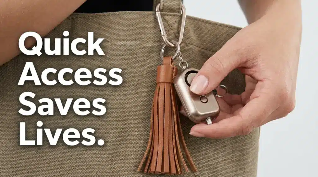 A close-up of a loud personal safety alarm attached to a backpack for quick access.