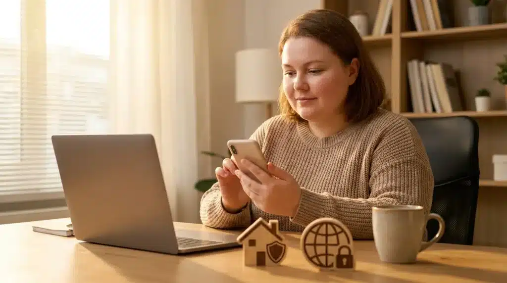 A fair-faced woman practicing personal safety and digital awareness to ensure long-term life security.