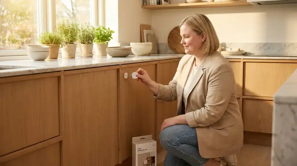 A fair-faced woman demonstrating personal safety by installing child-proofing locks in a modern family kitchen.