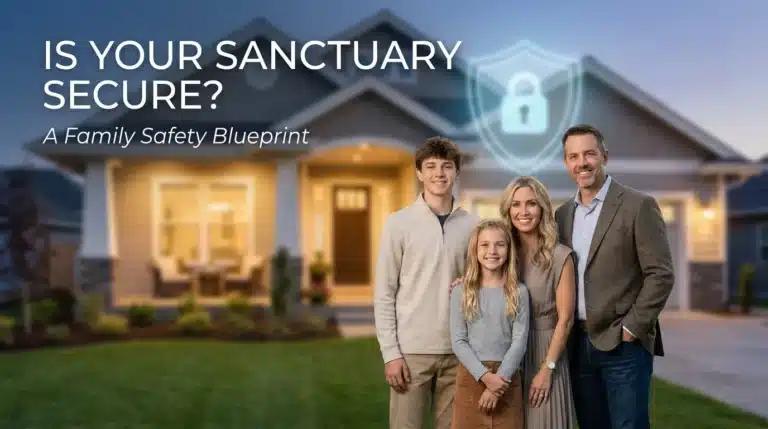 A professional-grade personal safety guide visualization featuring a happy American family standing securely in front of their modern suburban home.
