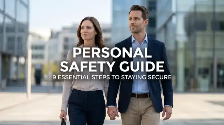 A confident Western couple walking securely in a modern city, illustrating the core principles of an ultimate personal safety guide.