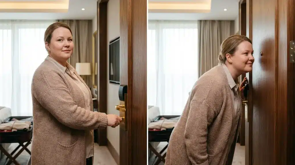 A traveler with a fair round face checking the deadbolt to maintain her hotel room security and personal safety.