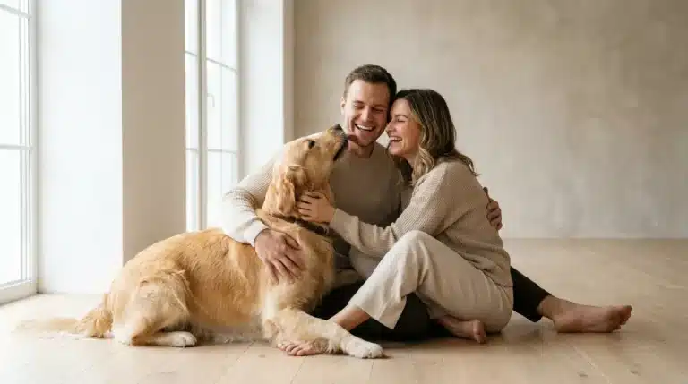 A happy couple sitting on the floor with their golden retriever, representing pet safety at home and responsible pet ownership.