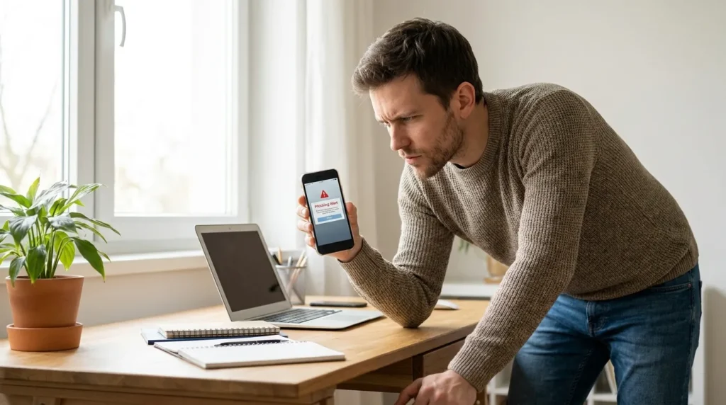 A vigilant European man carefully examining his smartphone screen to practice how to identify phishing emails in your inbox using a step-by-step roadmap.