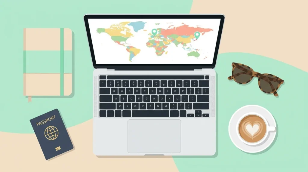 Minimalist travel planning illustration with a map and safety icons for selecting a comfortable solo travel destination.