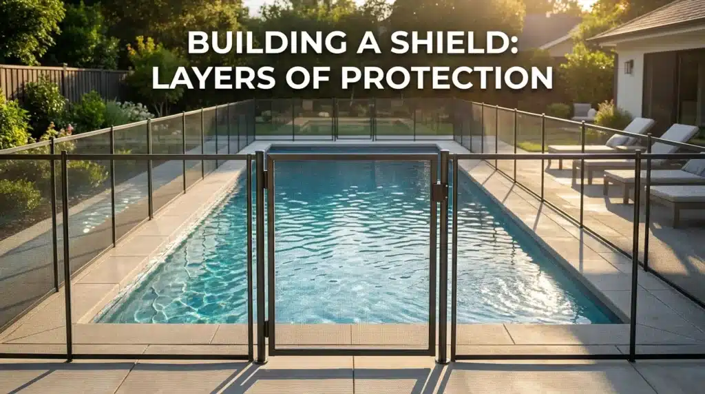A high-quality residential pool fence with a self-closing gate illustrating the first steps of child pool safety tips and physical barriers.