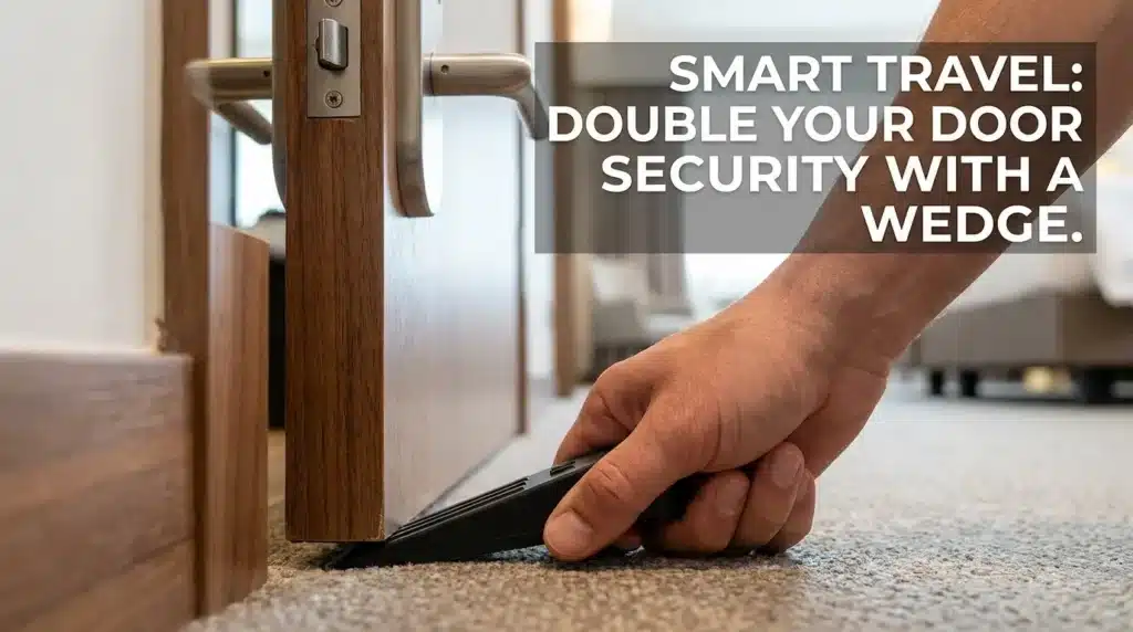 A close-up of a door wedge being used to enhance hotel room security and prevent unauthorized entry.