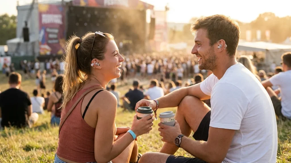 A young European couple wearing discreet earplugs at a loud outdoor event to demonstrate effective ways to protect your ears from loud noises.