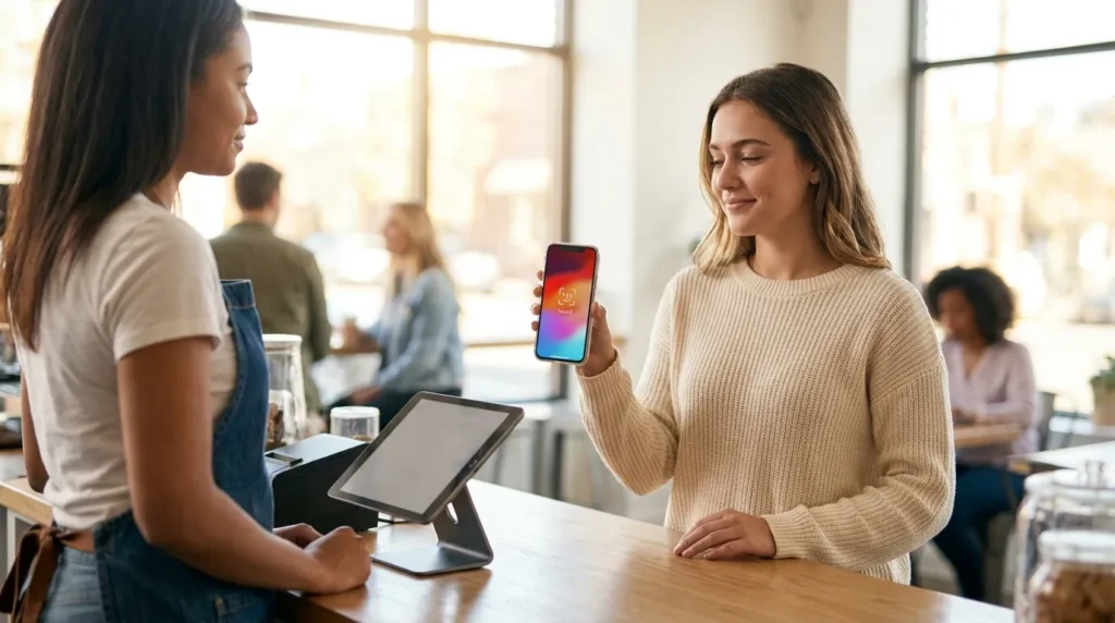 A woman using Face ID at a cafe checkout to show a practical way of how to keep your digital wallet secure during daily transactions.