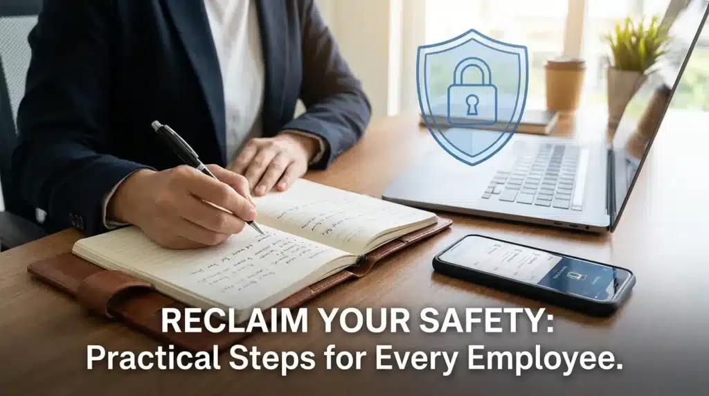 A person documenting office incidents in a journal as part of the practical steps to handle workplace harassment effectively.
