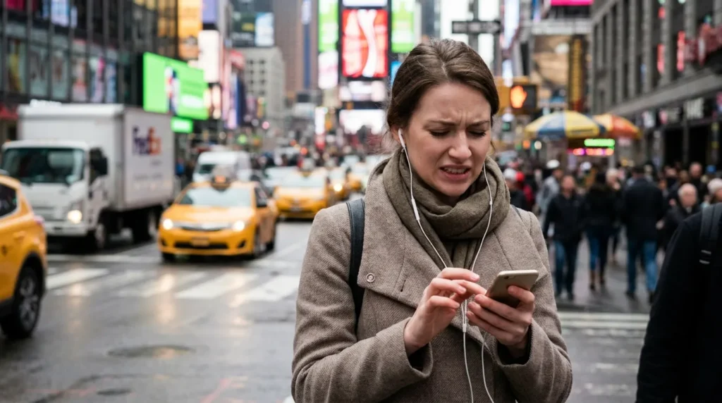 A woman on a busy street struggling with her earbud volume, highlighting common mistakes and how to prevent hearing loss from headphones.