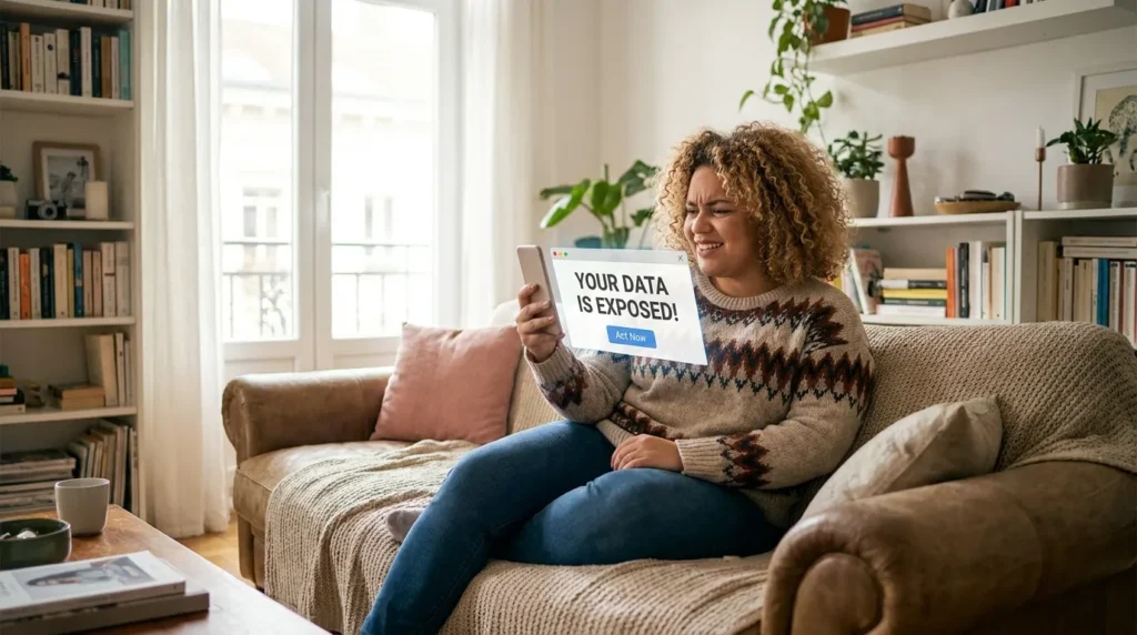 A woman feeling frustrated by online tracking because she didn't know how to set up two-factor authentication or block fingerprinting.
