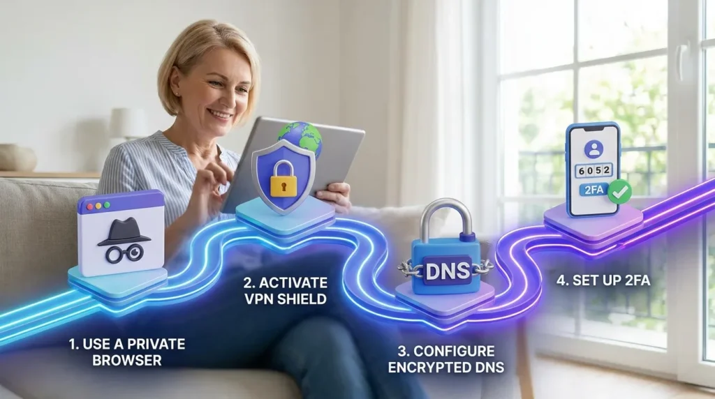 A clear digital roadmap showing the steps to secure browsing and how to set up two-factor authentication for personal accounts.