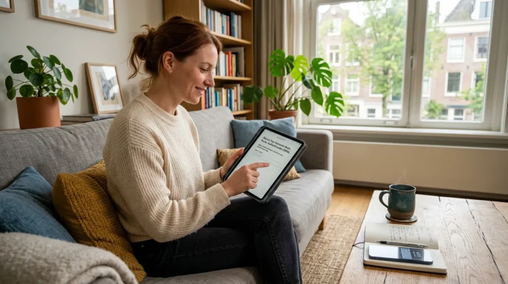 A confident woman enabling security settings on her tablet as a part of her daily routine on how to avoid social engineering scams.