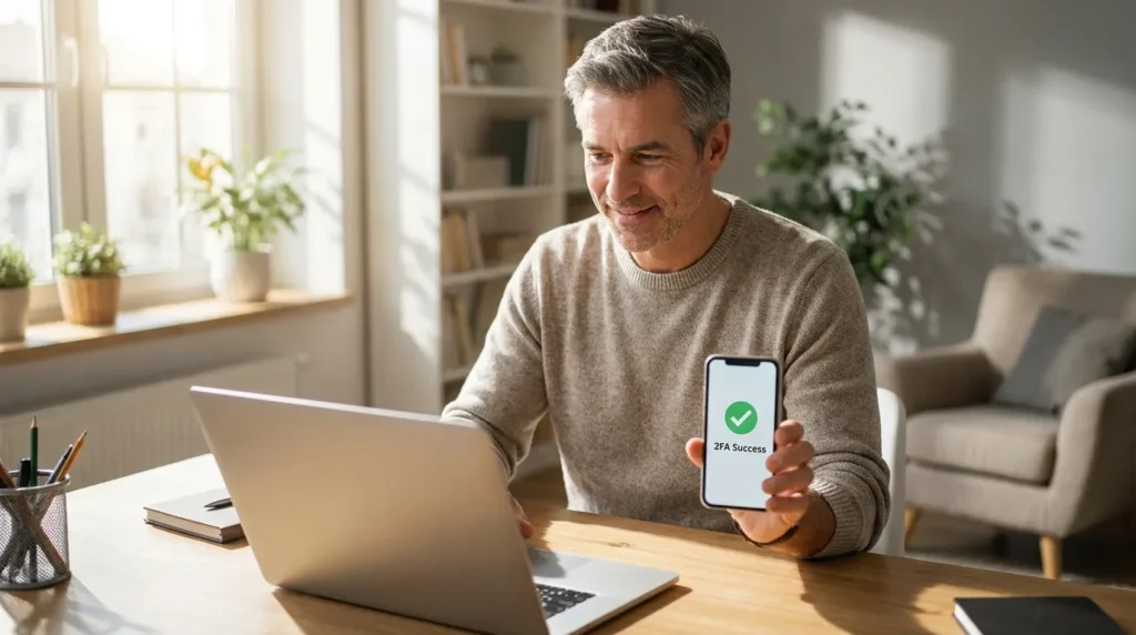 A proactive man using multi-factor authentication as one of the best ways to stop hackers from accessing your personal laptop.