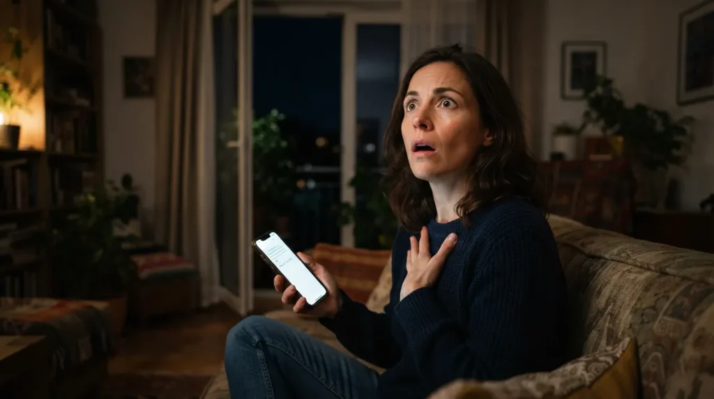 A startled European woman realizes she left her home vulnerable while typing a Securely Life Quote on her phone, highlighting the pitfall of ignoring practical safety.