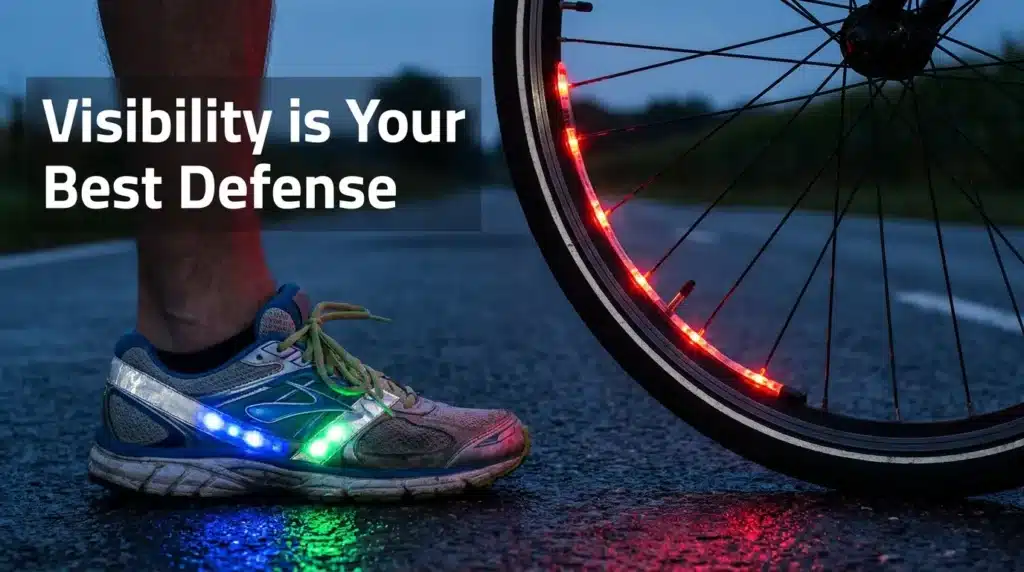 Close up of glowing LED lights and reflective strips on a bicycle and running shoes.