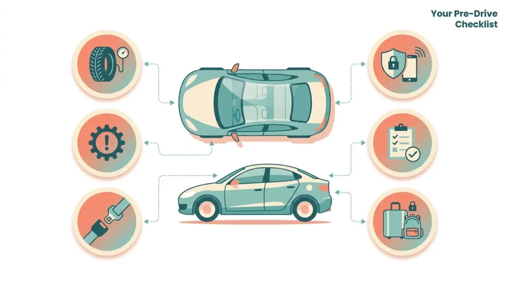 Infographic showing six key steps of a rental car inspection checklist including tires, dashboard, and data privacy