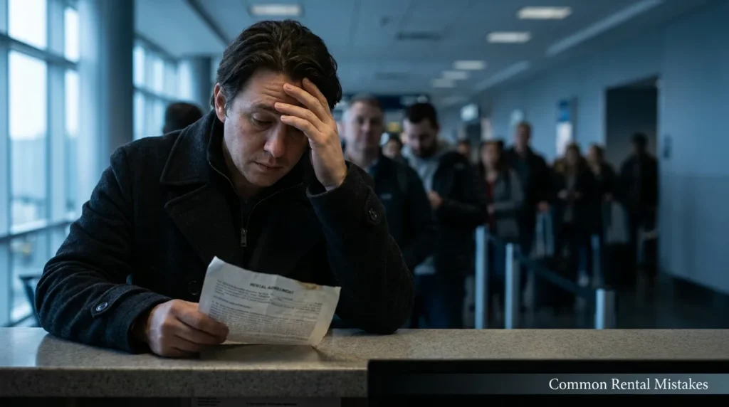 Stressed traveler at a rental car counter reviewing paperwork, highlighting common rental car safety mistakes