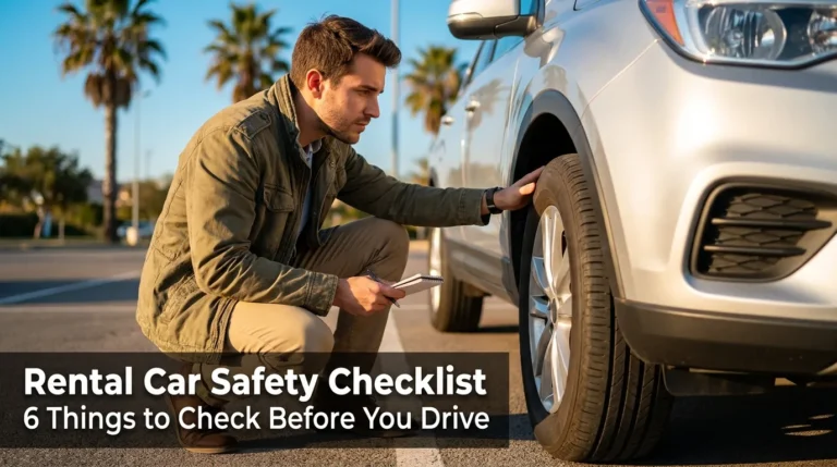 Traveler inspecting a rental car tire in a sunny parking lot before following a rental car safety checklist