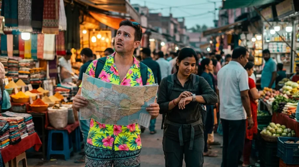 A visual representation of how distracted behavior and tourist-style clothing can make you a target for scams and petty theft.