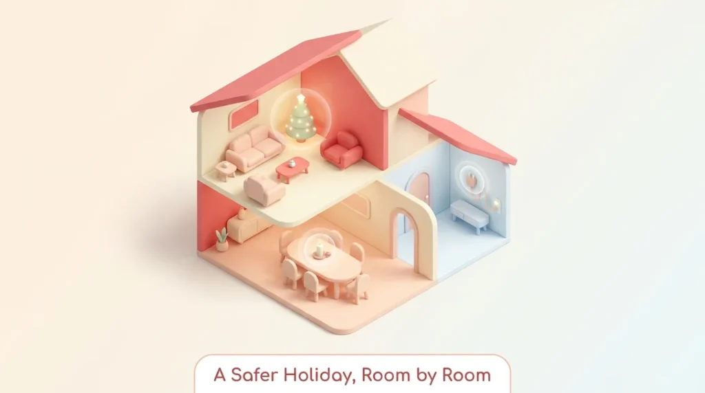 3D infographic of a house showing room by room holiday fire safety checkpoints for families