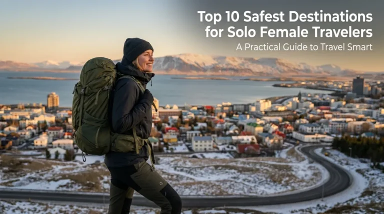 A confident solo female traveler overlooking a safe and peaceful city representing the top safest destinations for women.