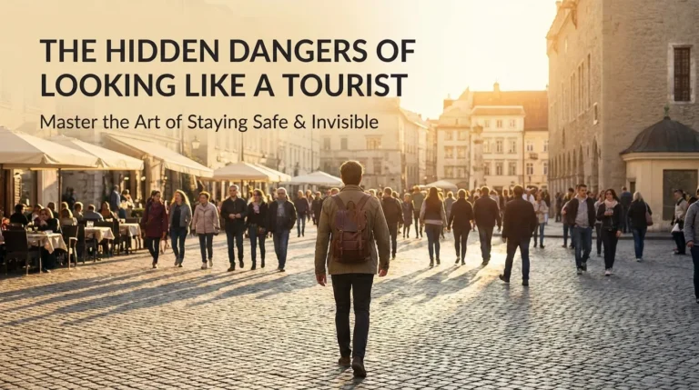 A savvy traveler walking confidently through a busy international city while blending in with locals to avoid being targeted.