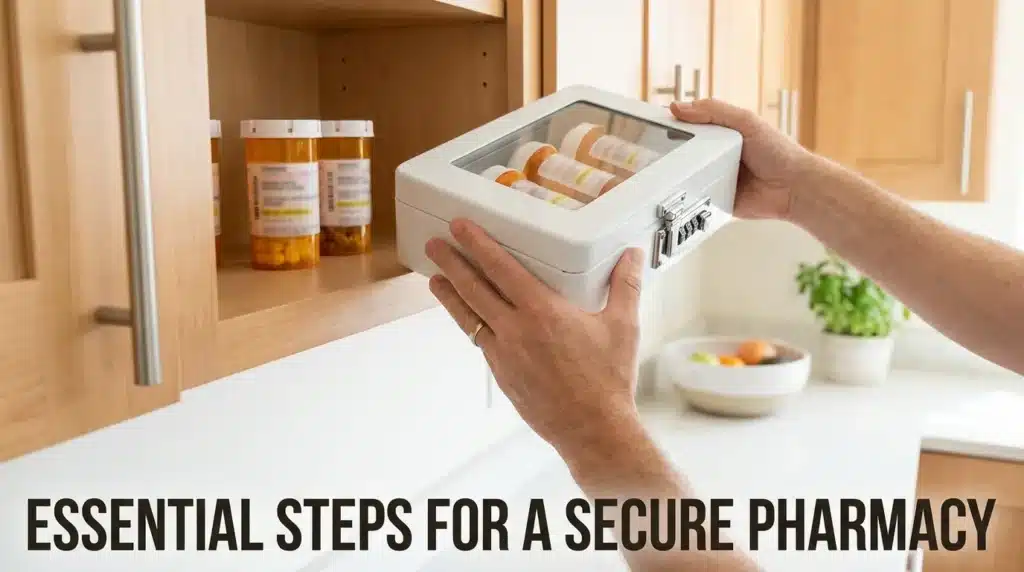 Hands placing a locking medicine box on a high shelf to demonstrate how to secure a home pharmacy.